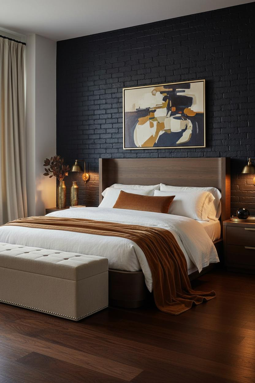 Bright master bedroom with neutral tones, upholstered bed frame, wooden storage bench at foot, soft natural lighting, calm modern luxury aesthetic for couples.