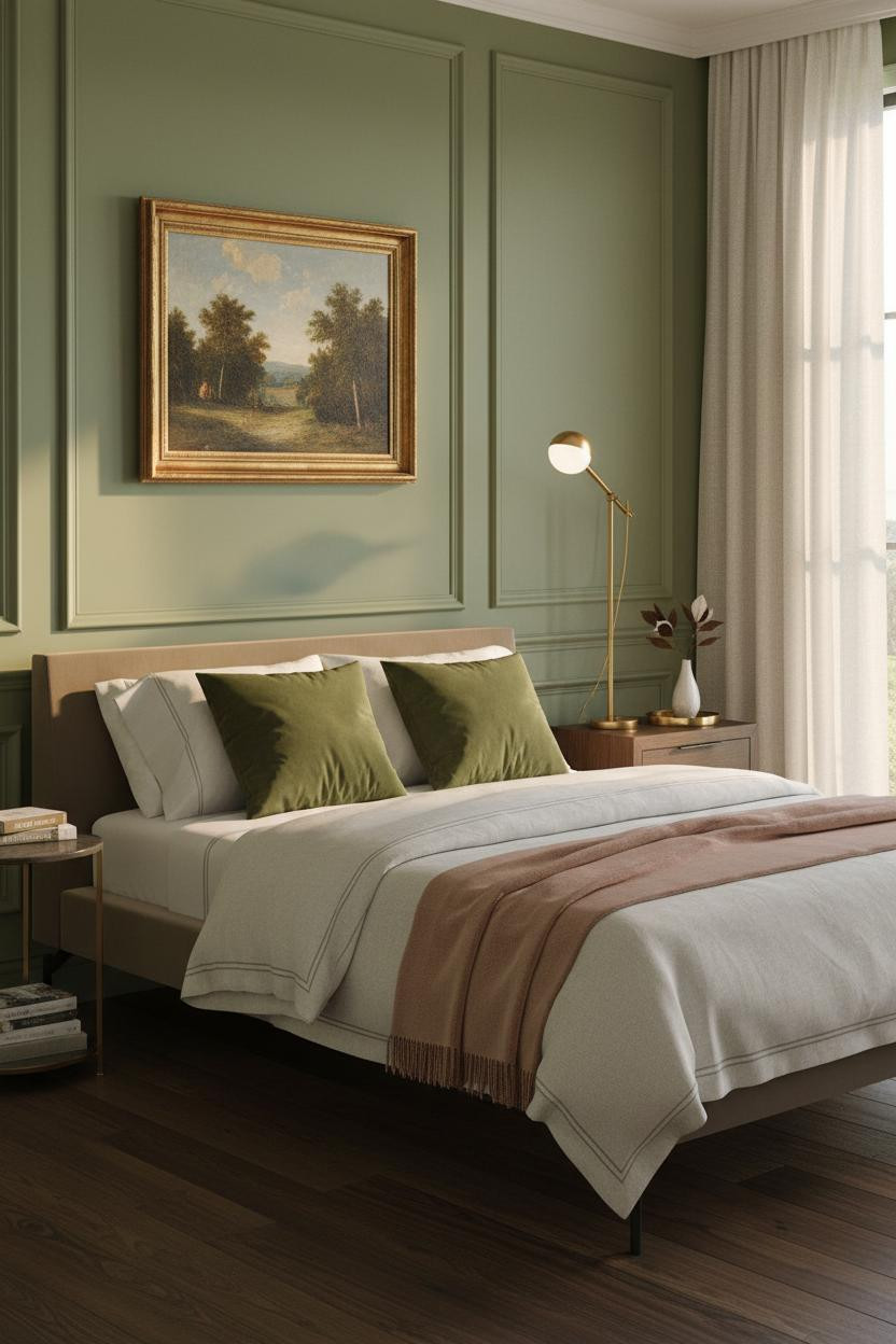 Bright master bedroom with upholstered bed frame, matching wooden nightstands, soft neutral bedding, warm natural light from windows, modern luxury decor with clean lines and calm aesthetic