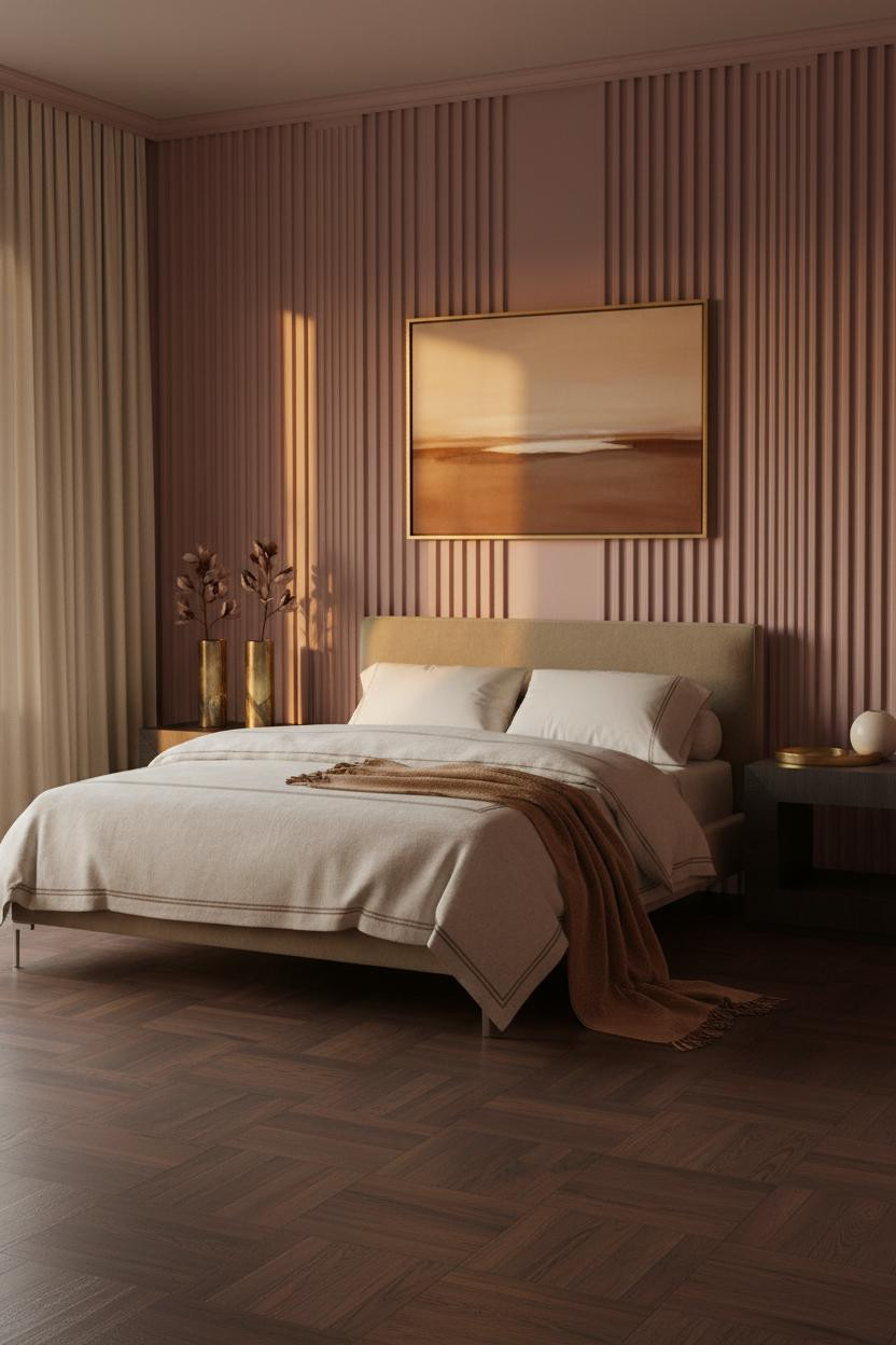 Bright master bedroom with upholstered bed frame, matching nightstands, neutral bedding, soft natural lighting from windows, warm wood tones, and minimalist decor creating a calm, luxurious space for couples.