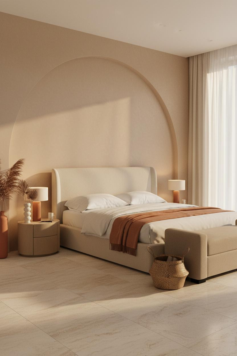 Bright master bedroom with upholstered bed frame, soft neutral bedding, cushioned bench at foot of bed, warm natural light from windows, calm modern luxury aesthetic for couples.