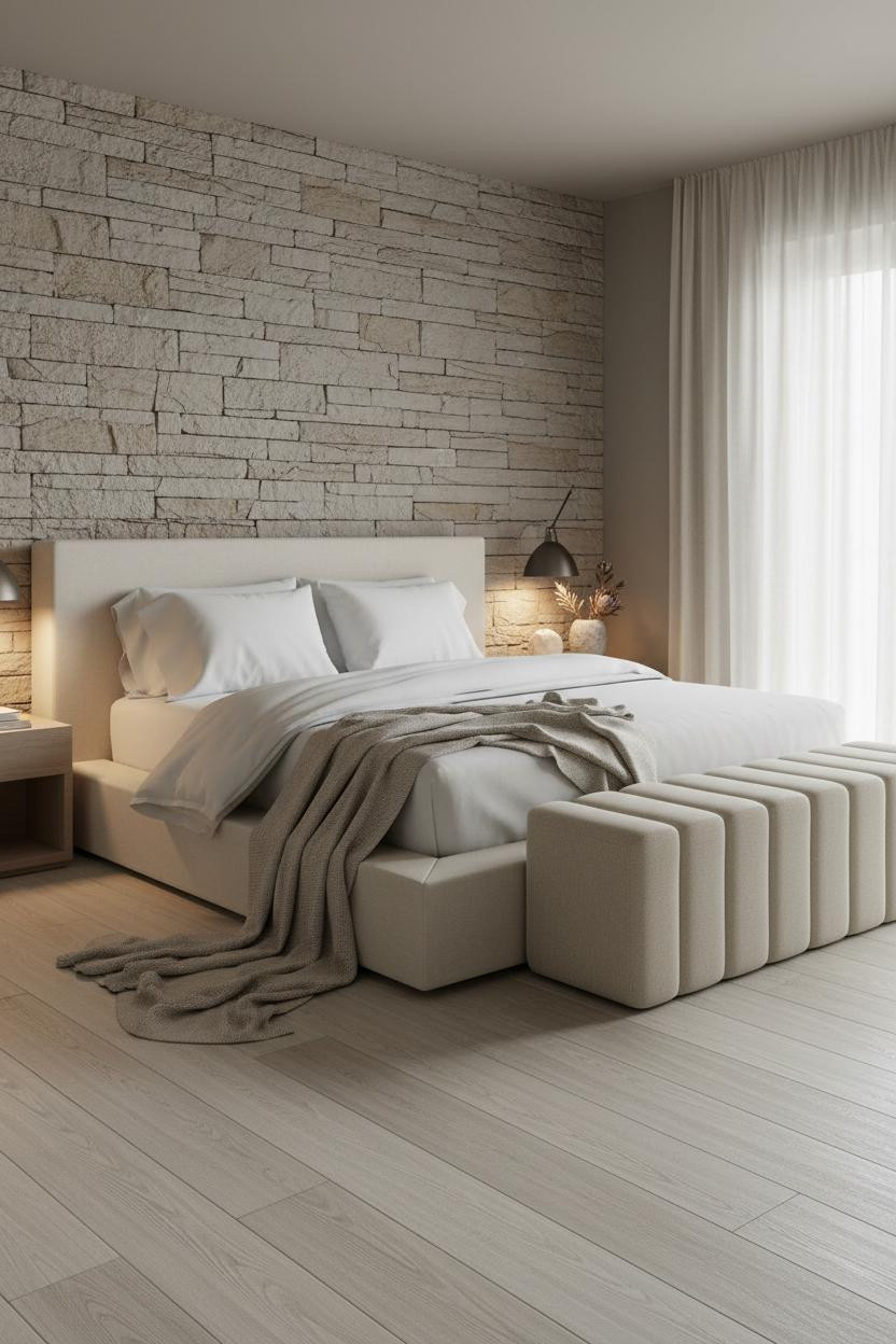 Bright, airy master bedroom with upholstered bed frame, channel-quilted ottoman bench, warm neutral palette, soft natural light from windows, modern luxury decor for couples.