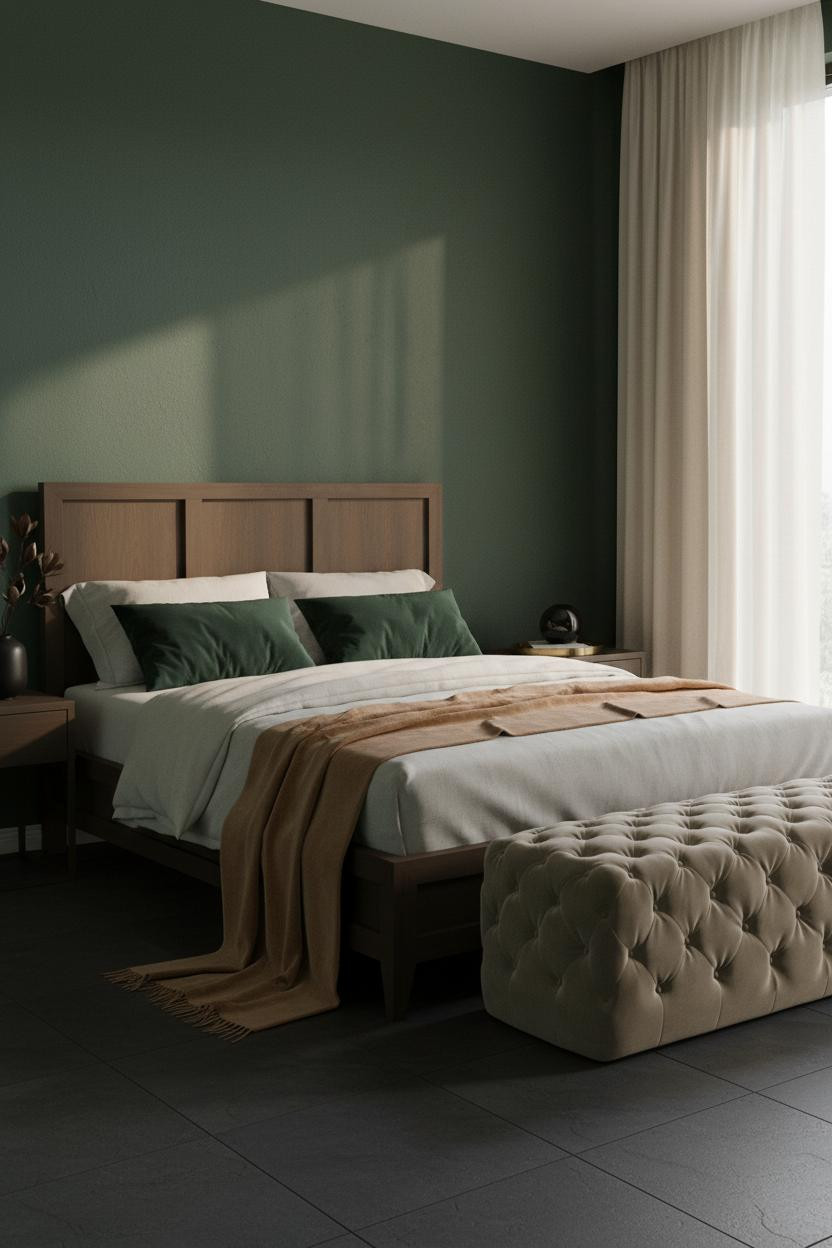Bright, airy master bedroom with upholstered bed frame, tufted ottoman bench, warm neutral palette, soft natural lighting, and modern luxury decor for couples.
