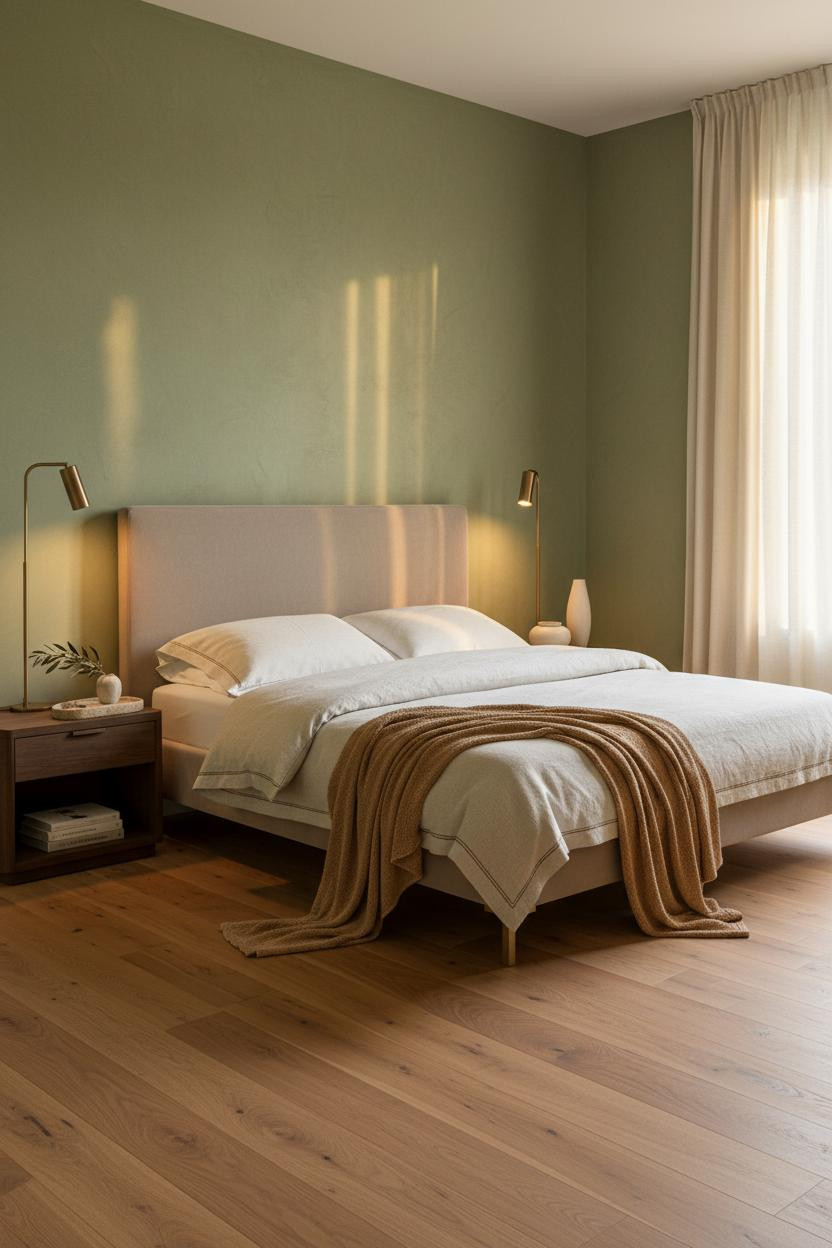 Bright master bedroom with upholstered bed frame, matching nightstands, neutral bedding, soft natural light from windows, warm wood flooring, modern luxury decor for couples