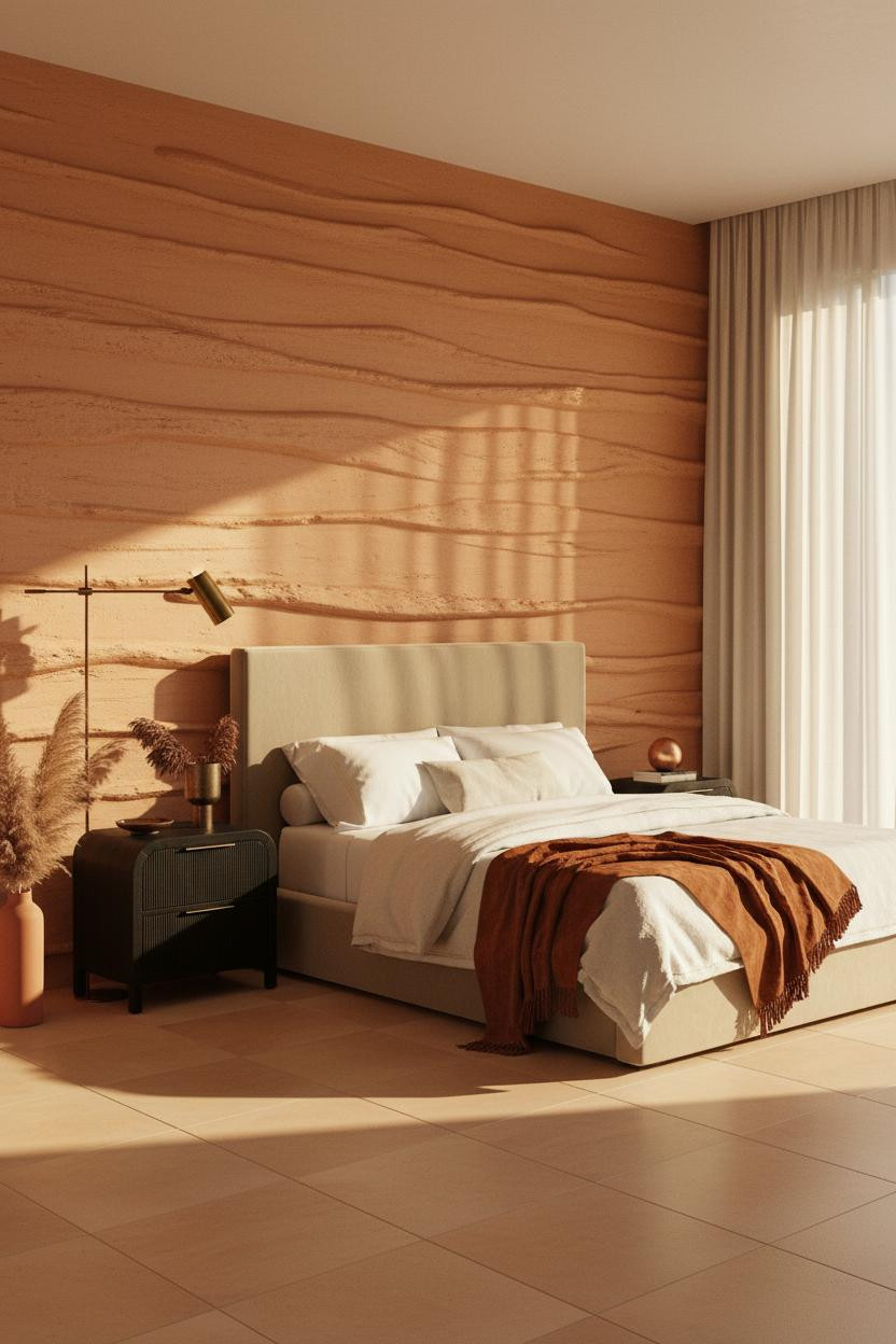 Bright master bedroom with upholstered bed frame, matching wooden nightstand, soft neutral bedding, warm natural light from windows, calm modern luxury aesthetic for couples.