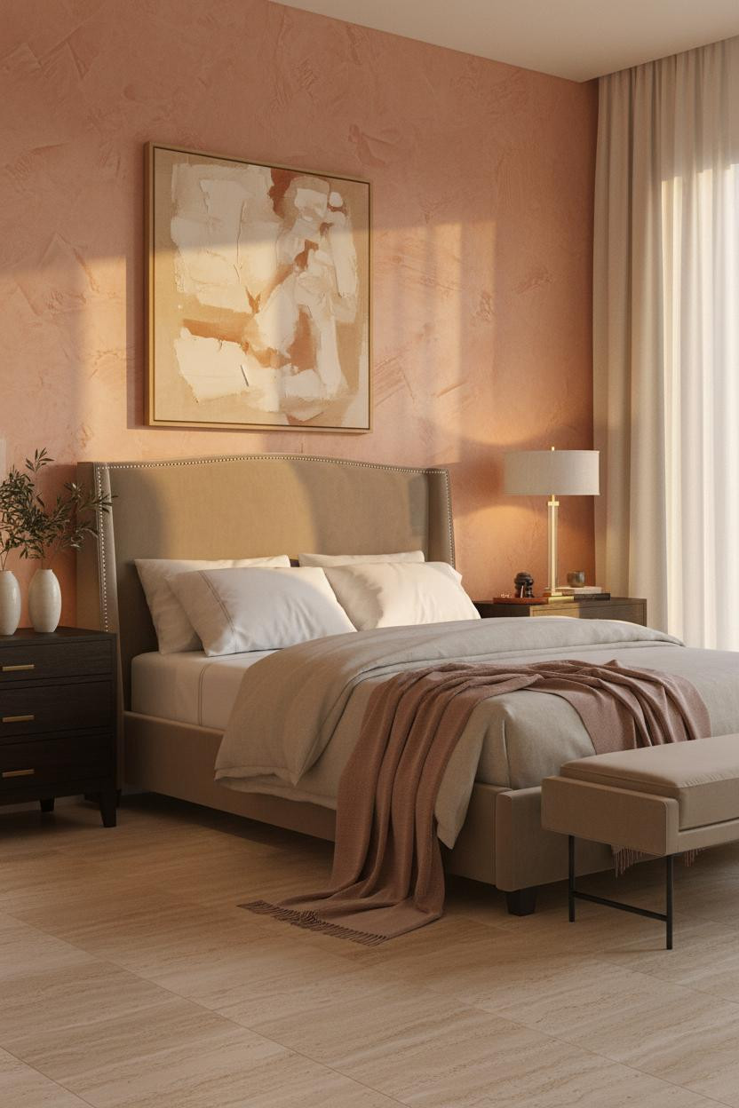 Bright master bedroom with upholstered bed frame, cushioned bench at foot, neutral palette, soft natural lighting, modern luxury decor for couples