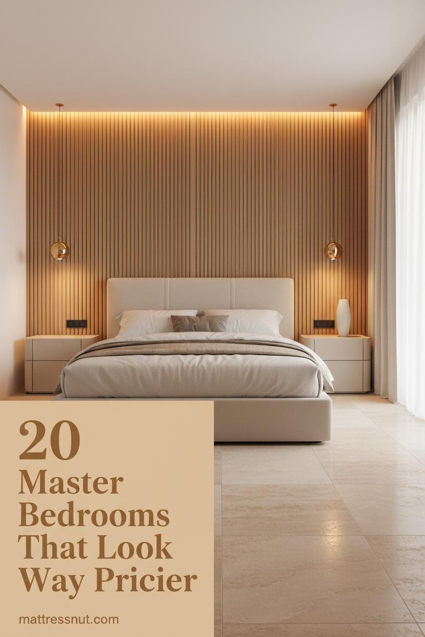 Warm master bedroom with ribbed oak panel, amber LED lighting, ivory boucle duvet, travertine floors, and sheer linen curtains