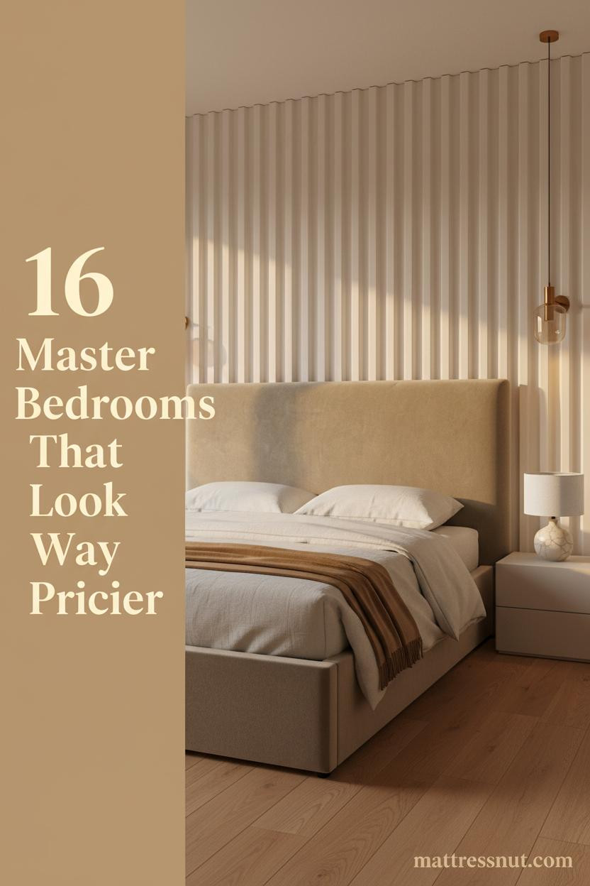 Luxury master bedroom with ivory fluted plaster wall, warm oak floors, layered linen duvet, camel throw, and amber sconce lighting at dusk