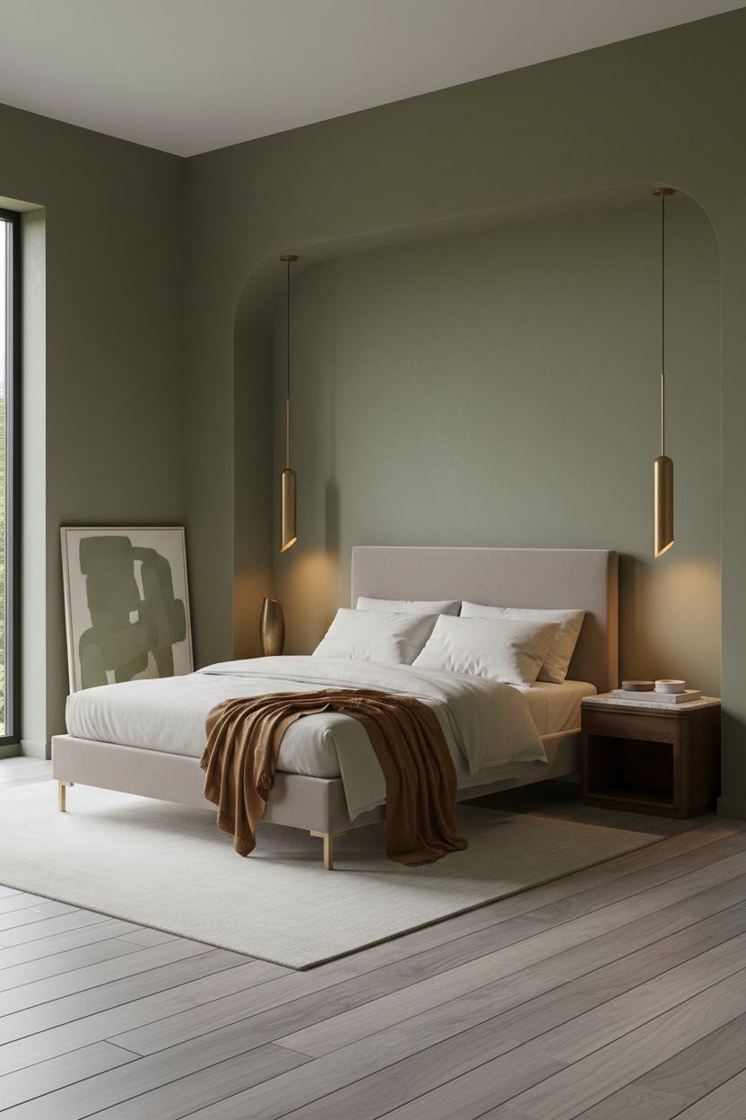 Modern master bedroom with upholstered bed frame, wooden nightstand, warm ambient lighting from statement fixture, neutral bedding, soft shadows, and minimalist decor accents.