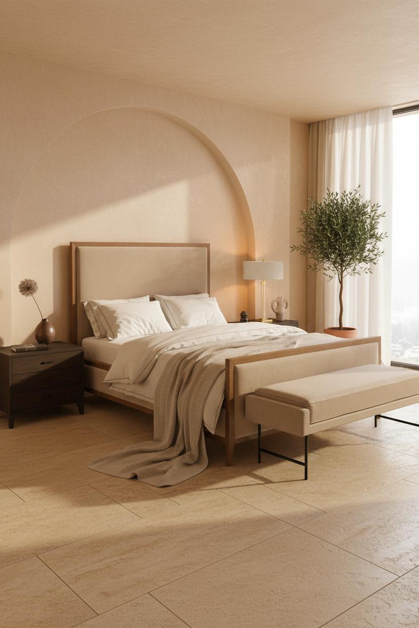 Bright, airy master bedroom with modern bed frame, cushioned bench at foot, neutral palette, soft natural lighting, clean lines, minimal decor, warm wood tones, and calm elegant atmosphere.