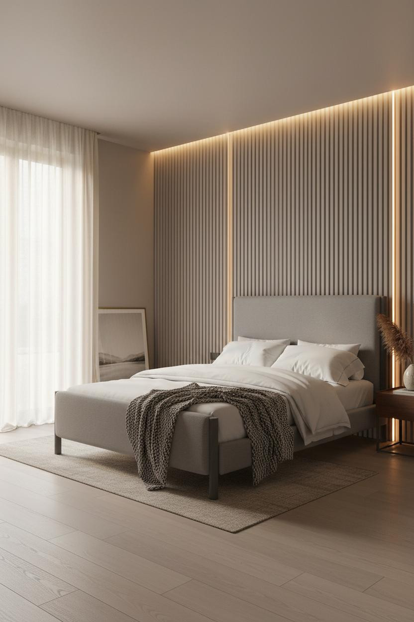 Bright modern master bedroom with neutral bedding, minimalist wood bed frame, elegant bedside lamp, soft natural lighting from window, clean lines, and sophisticated neutral color palette throughout the serene space.