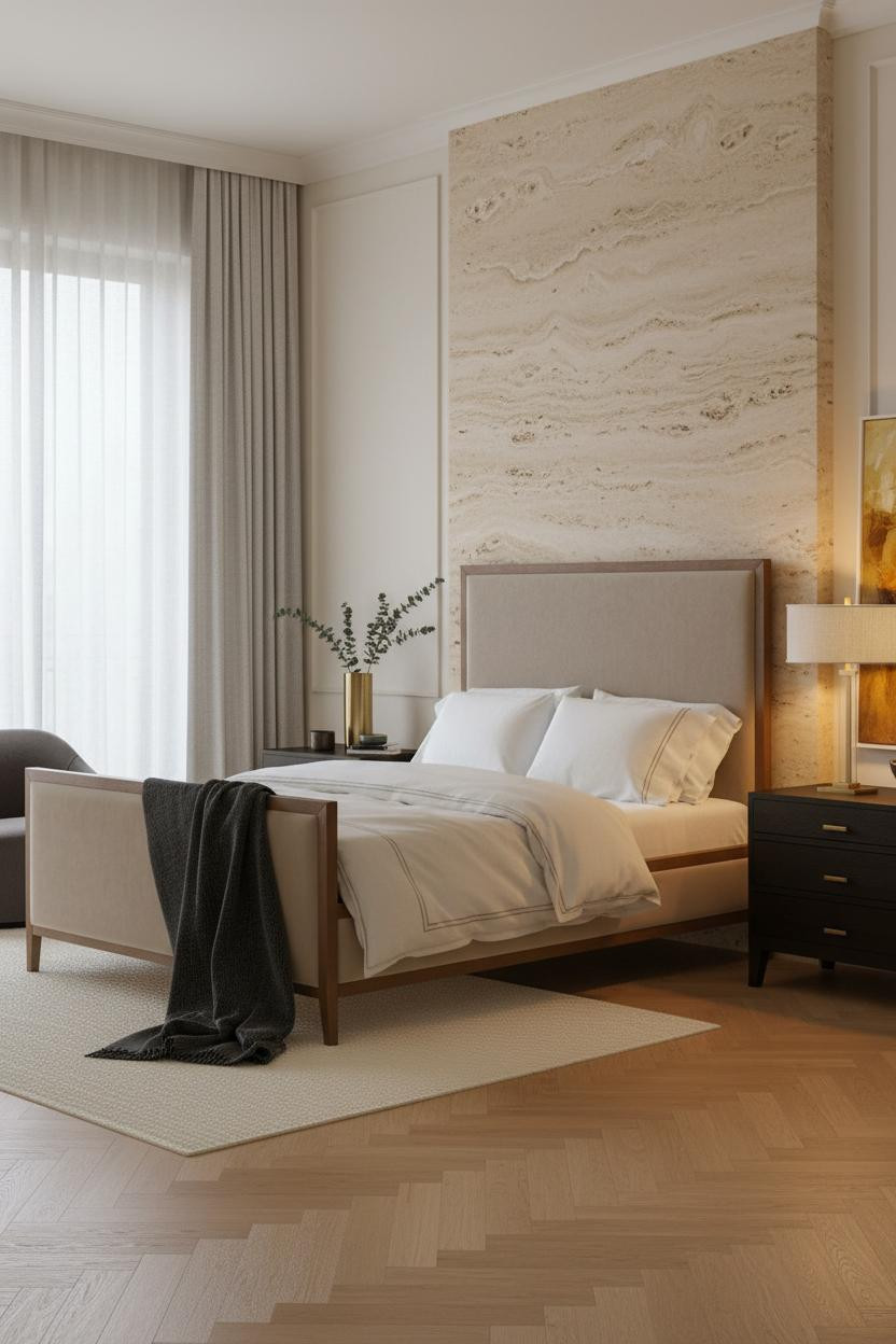 Bright, airy master bedroom with modern luxury design featuring a low-profile bed frame, wooden nightstand, soft neutral bedding, and warm natural light from windows creating a calm, elegant sleeping space.