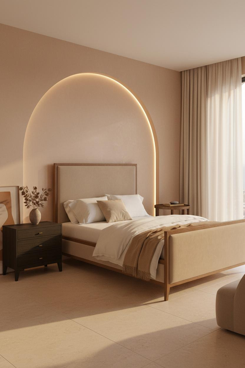 Bright modern master bedroom with neutral bedding, wooden nightstand, soft natural light from window, cream walls, and minimalist decor creating an elegant, cozy sleeping space.