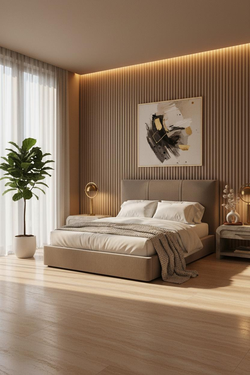 Bright master bedroom with modern platform bed, wooden nightstand, soft neutral bedding, warm natural light from window, minimalist decor, and elegant bedroom styling in calm contemporary design.