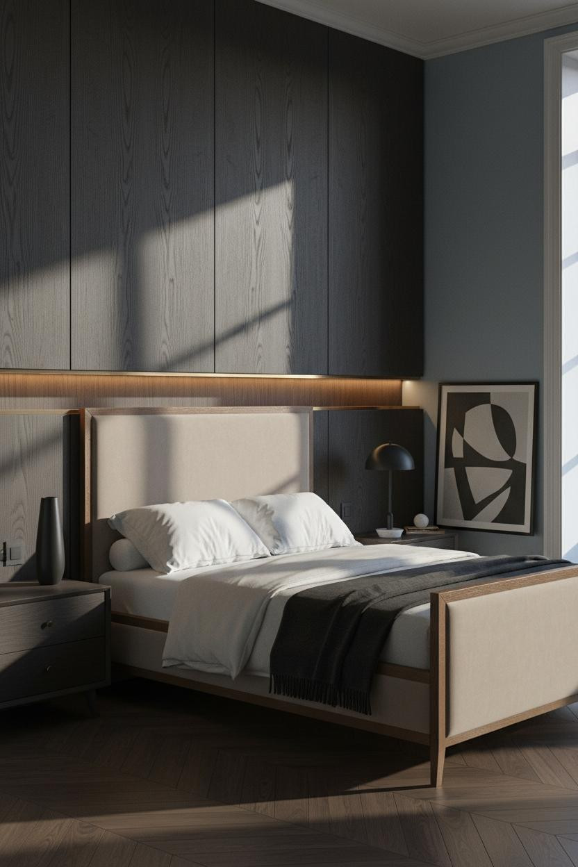 Bright modern master bedroom with neutral bedding, sculptural brass bedside lamp, soft natural light from window, clean white walls, and minimalist decor accents.