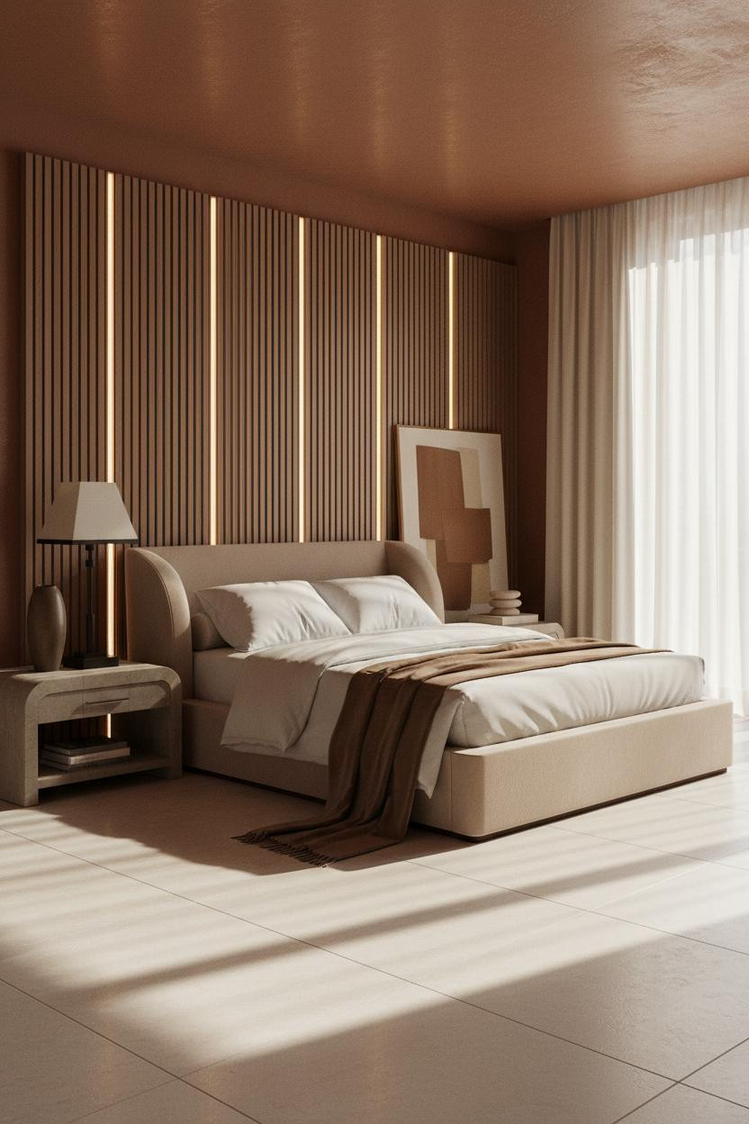 Modern master bedroom with luxury bedframe, brass bedside lamp, soft natural lighting, neutral palette, contemporary decor accents, and clean minimalist design aesthetic.
