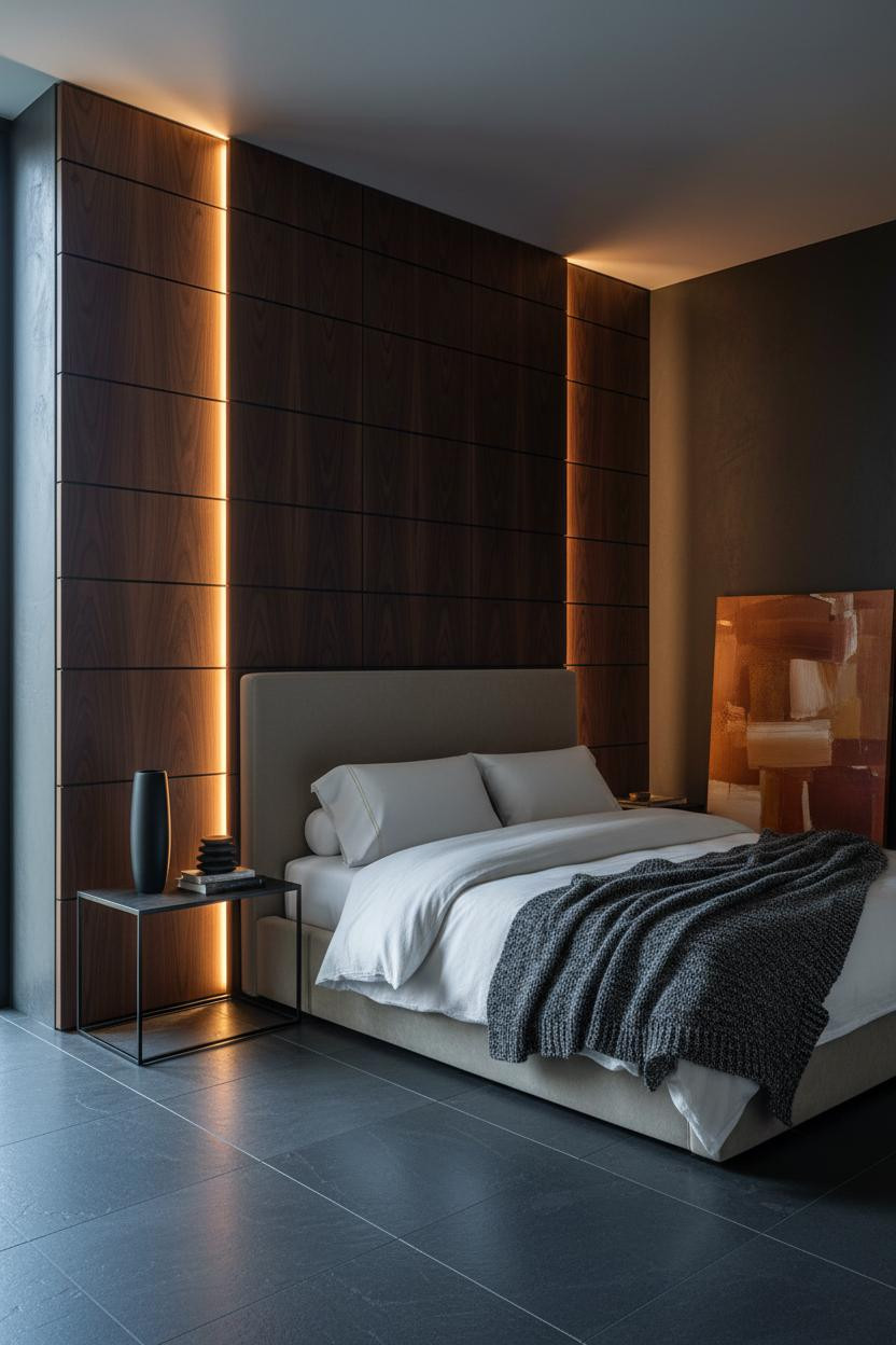 Modern master bedroom with upholstered bed frame, brass bedside lamp with warm glow, neutral bedding, soft window light, and minimalist decor on nightstand.