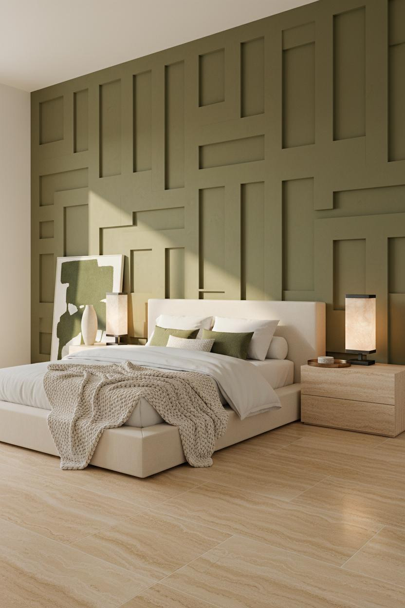 Bright modern master bedroom with neutral bedding, contemporary bedside lamp with sculptural base, soft natural light from window, minimalist nightstand, warm wood flooring, and calm monochromatic color palette.