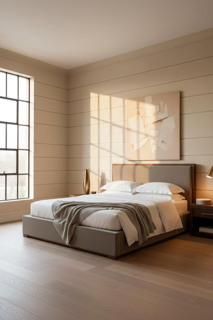 Modern master bedroom with neutral bedding, brushed brass bedside lamp, soft natural lighting, and minimalist decor accents on light wood nightstand.