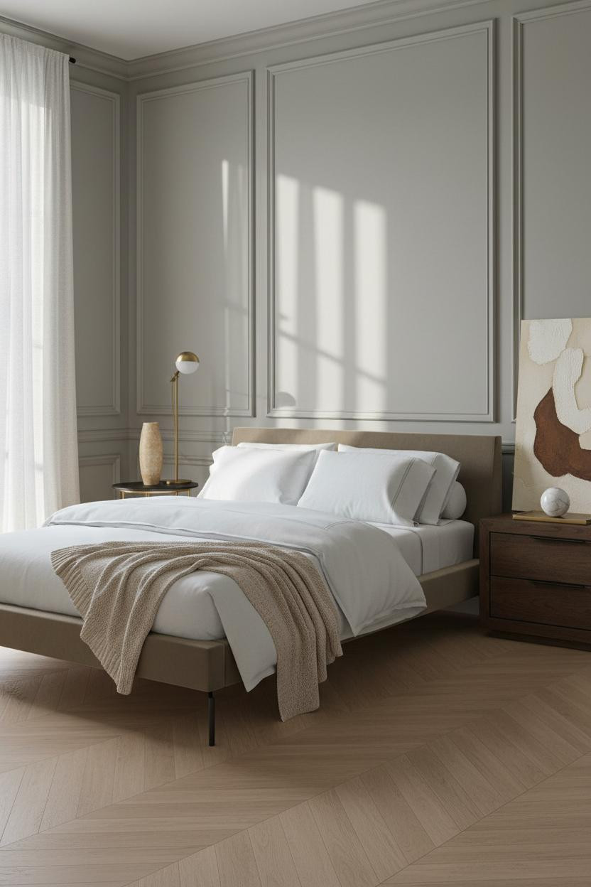 Bright modern master bedroom with upholstered bed frame, wooden nightstand, soft pendant lighting, neutral bedding, and warm natural daylight from window creating calm luxury bedroom interior.