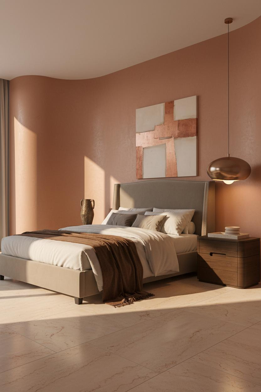 Bright modern master bedroom with neutral palette, upholstered bed frame, sleek nightstand, warm brass statement pendant light, soft natural daylight, and minimalist decor accents.