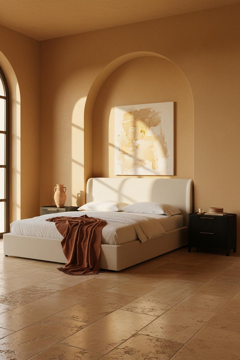 Bright modern master bedroom with upholstered bed frame, wooden nightstand, soft neutral bedding, statement pendant lighting fixture, and warm natural daylight from window.