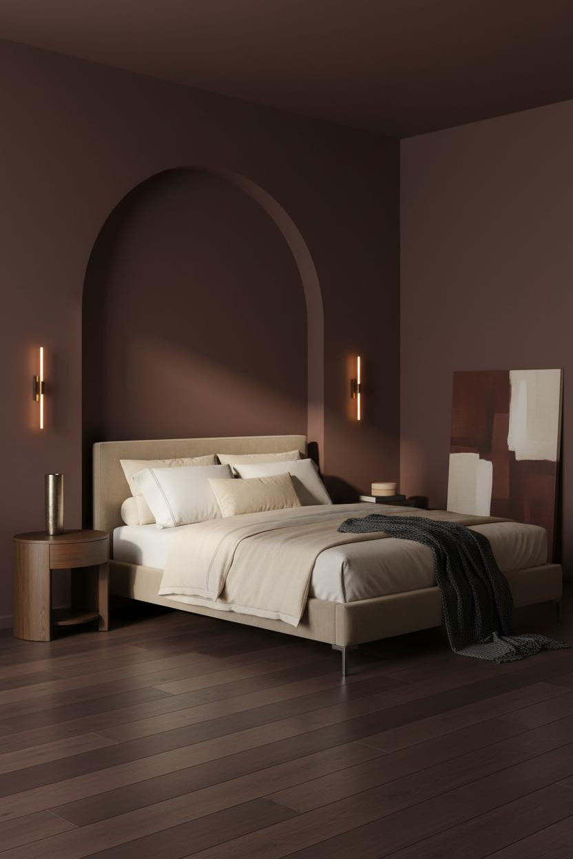 Bright modern master bedroom with upholstered bed frame, soft neutral bedding, brass nightstand, and sculptural pendant lighting fixture overhead, warm natural daylight from window.