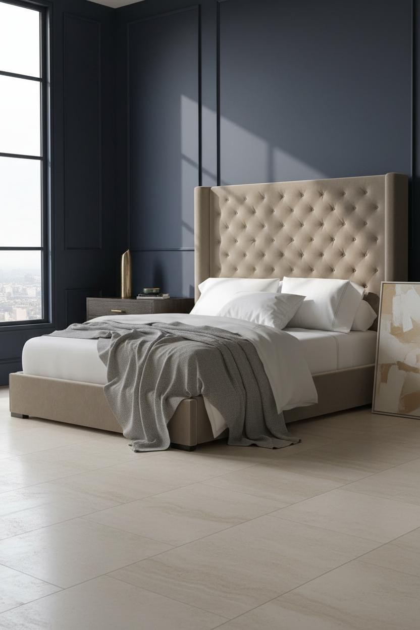 Bright modern master bedroom with neutral bedding, soft cream walls, brass bedside lamp with linen shade, natural daylight from window, clean minimalist nightstand styling, and calm contemporary aesthetic.