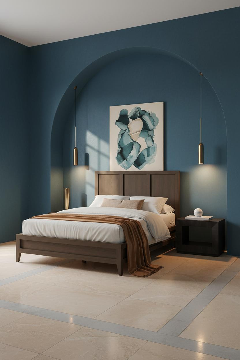 Bright modern master bedroom with neutral bedding, sculptural statement pendant light fixture, wooden nightstand, soft natural window light, and minimalist decor accents.