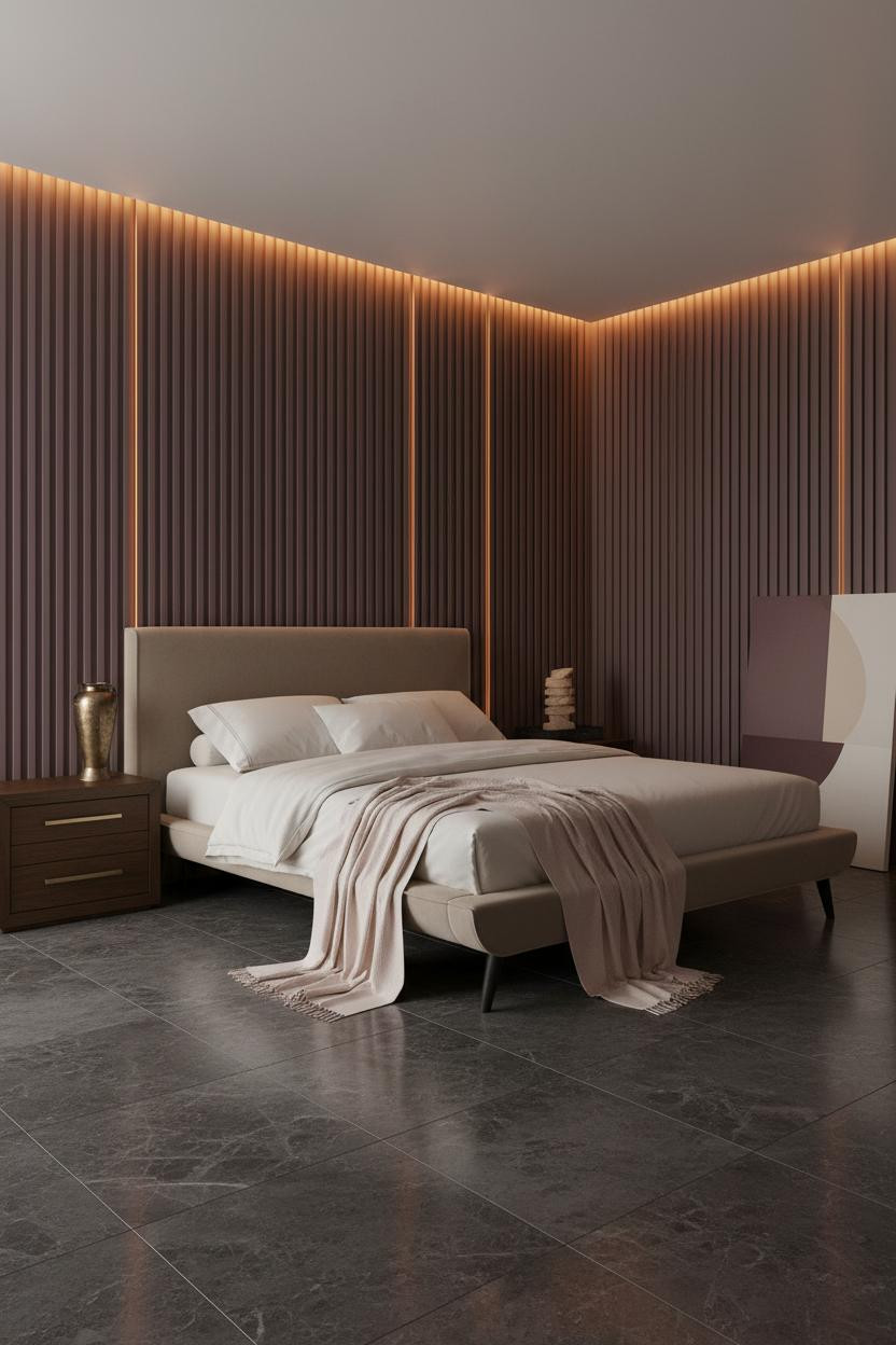 Modern master bedroom with upholstered bed frame, madeleine nightstand, statement pendant lighting, soft neutral bedding, warm wood tones, and designer bedroom accents in bright natural light.