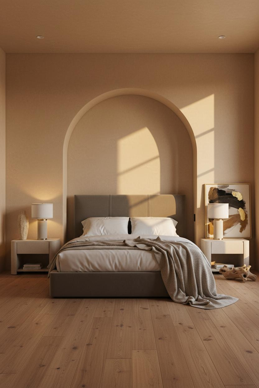 Modern master bedroom with upholstered bed frame, brass bedside lamp, neutral bedding, soft window lighting, and minimalist decor on light wood nightstand.