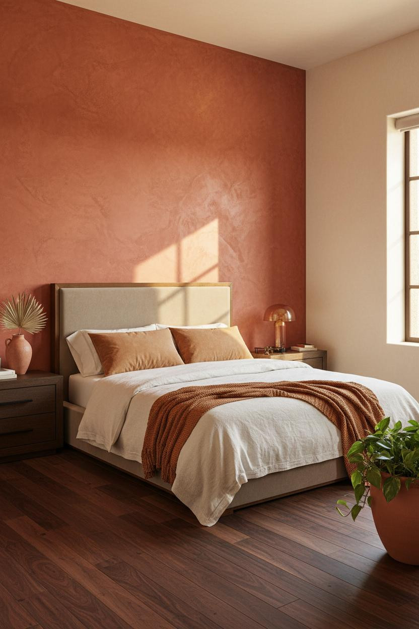 Bright master bedroom with warm wood accent wall behind bed frame, soft neutral bedding, matte brass nightstand, natural window light, and calm minimalist decor.
