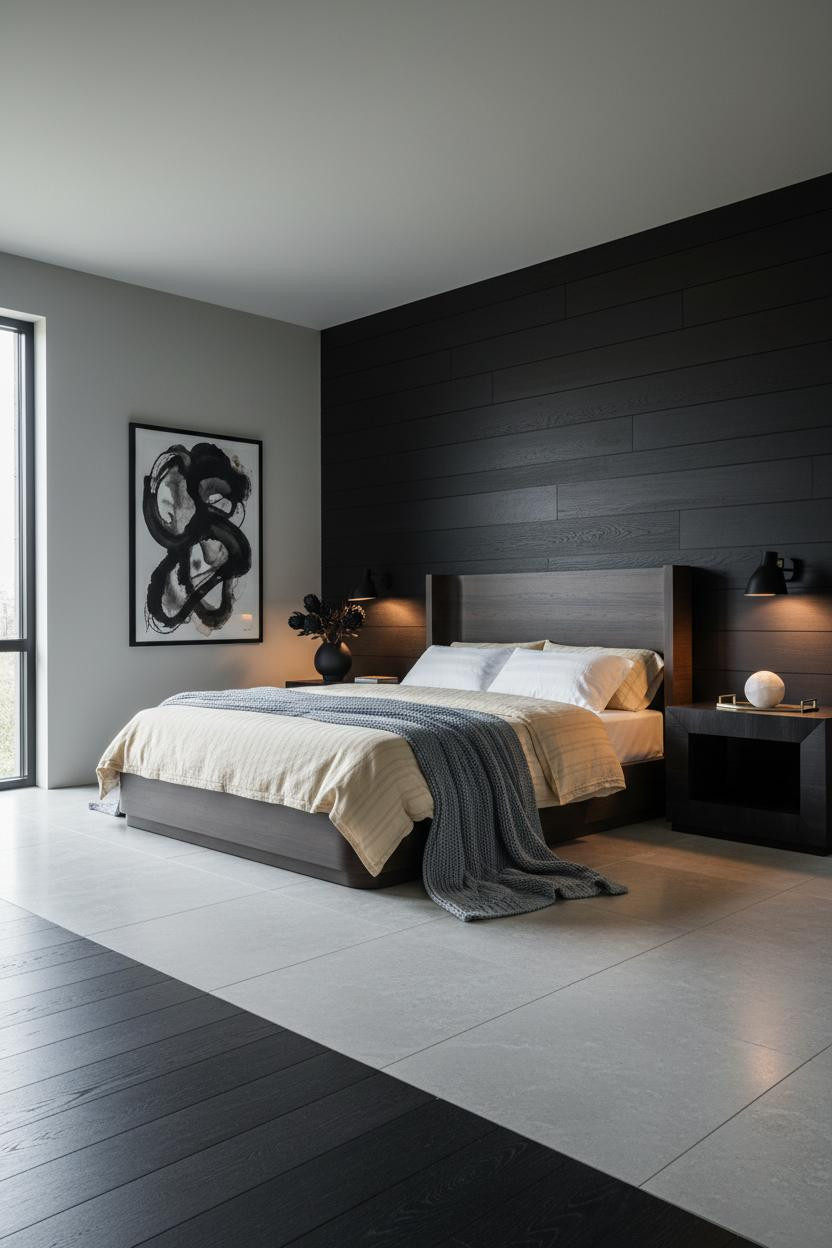 Bright master bedroom with warm wood accent wall behind bed, white bedding, matte brass nightstand lamp, soft natural light from window, neutral palette with warm wood tones.
