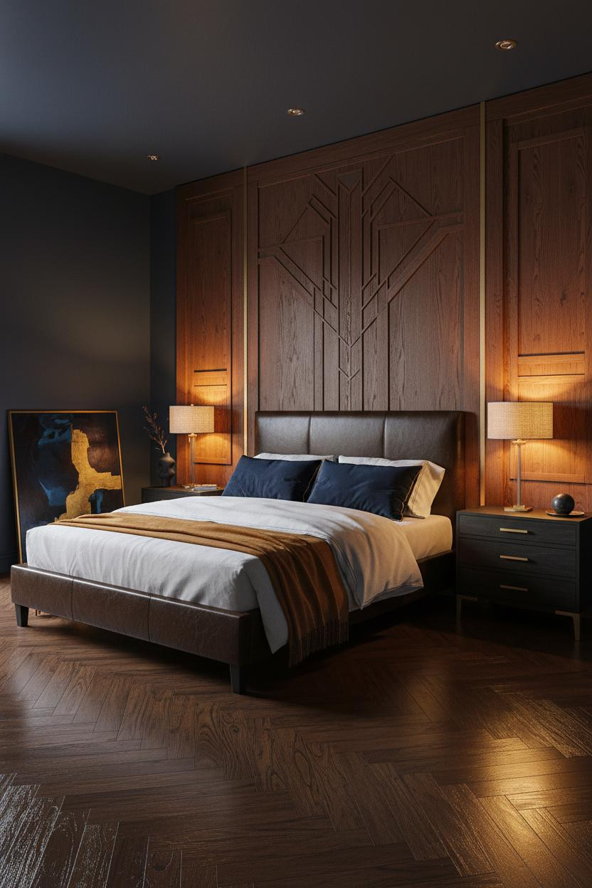 Master bedroom with warm wood accent wall behind leather bed frame, paired with black nightstand, soft neutral bedding, and natural window light creating a clean, modern bedroom design.