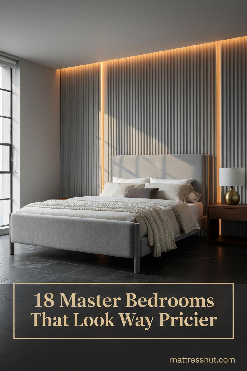 Modern master bedroom with dove grey fluted plaster headboard, ivory linen bedding, boucle throw, brass sculptural lamp, and warm amber LED lighting