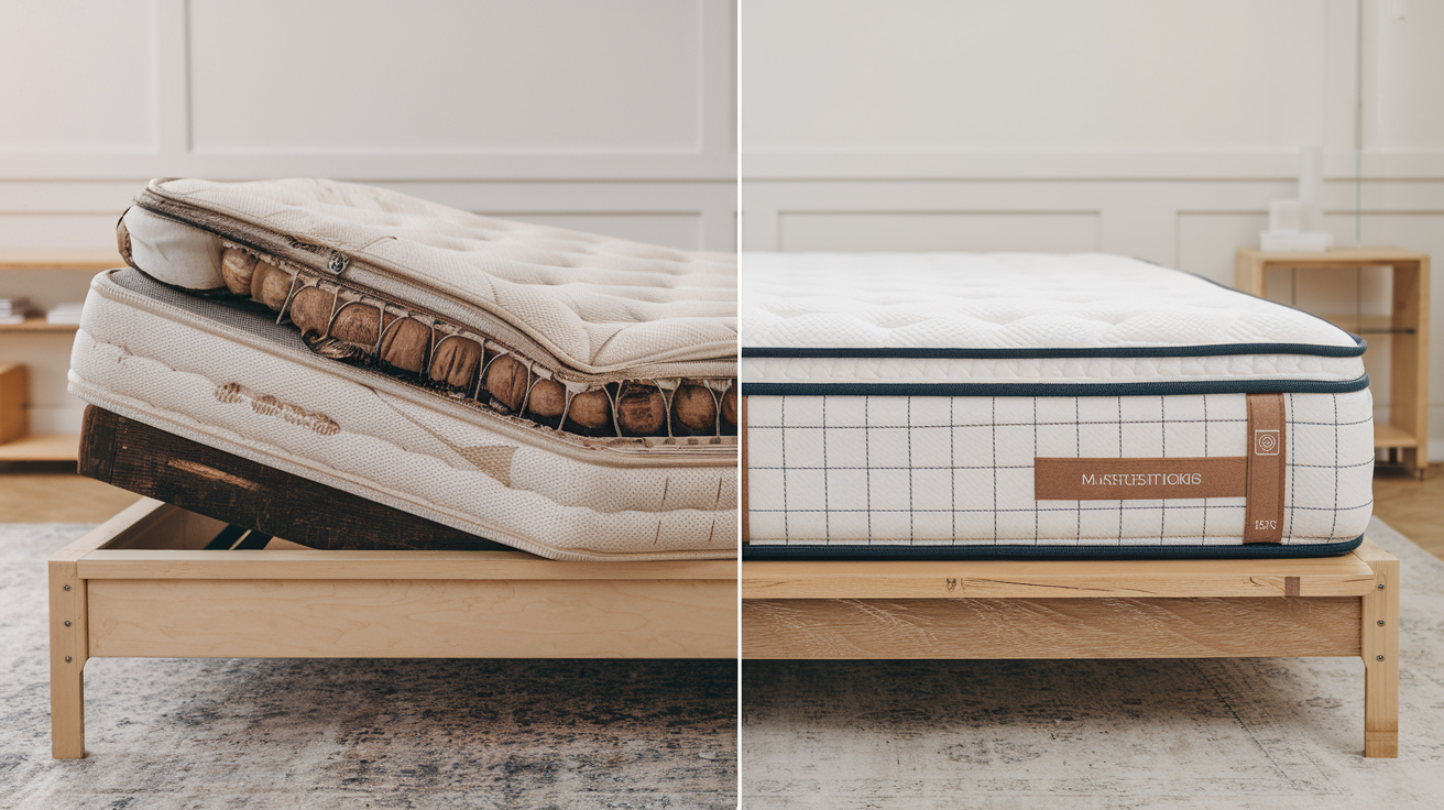 Old worn mattress next to new premium mattress showing age contrast