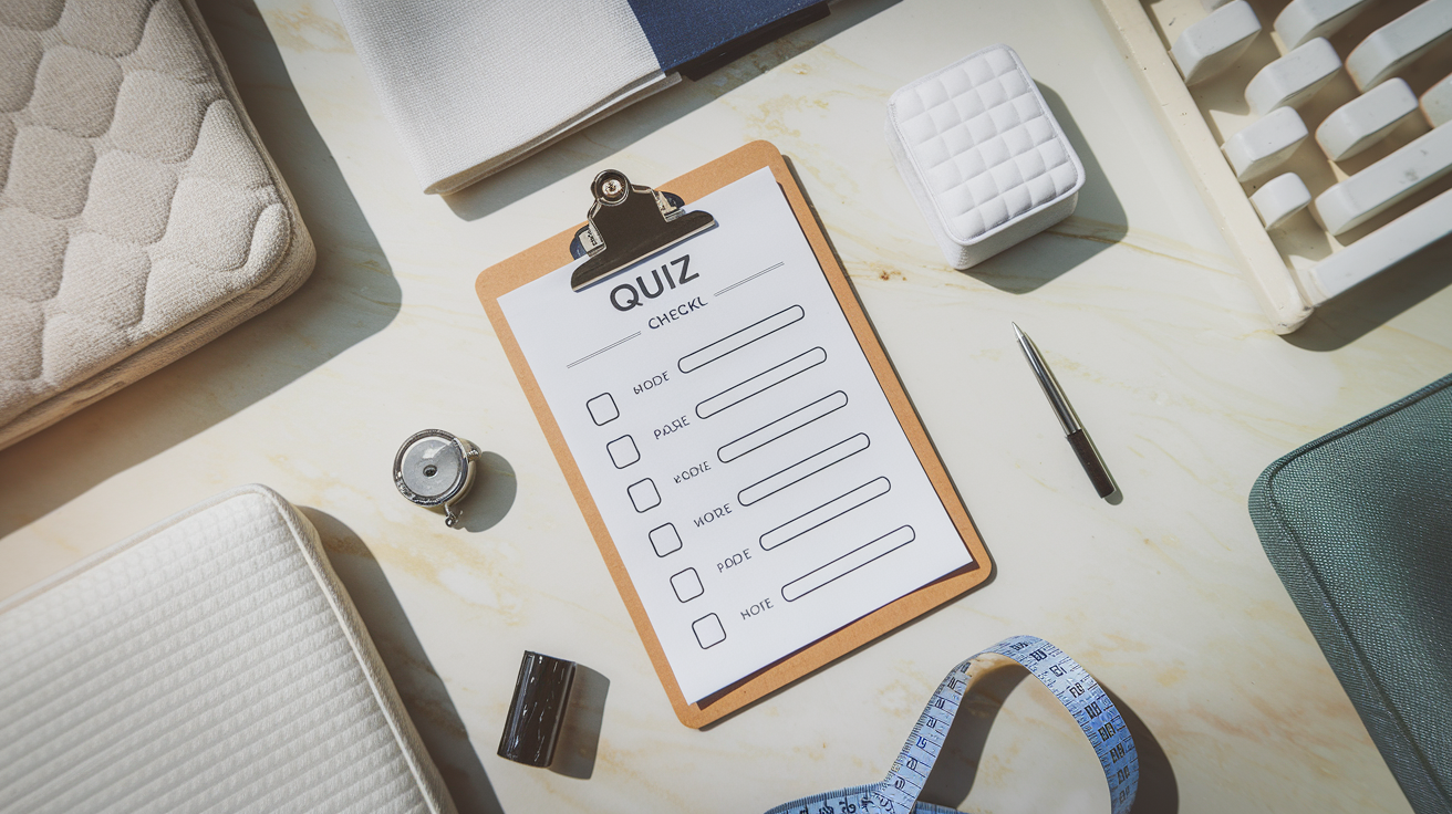 Mattress finder quiz clipboard with mattress fabric samples and measuring tape