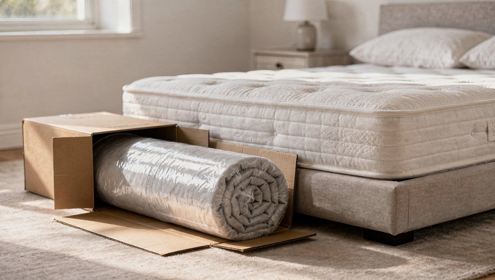 A compressed rolled mattress emerging from its box next to a traditional full-height mattress on a bed, bright living space