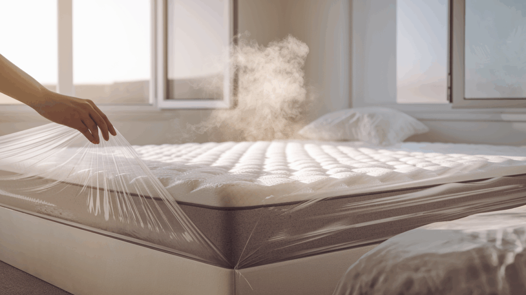 New mattress being unwrapped with visible off-gassing vapor in a bright bedroom