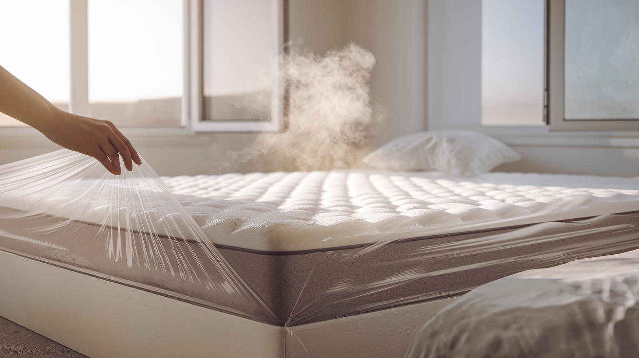 New mattress being unwrapped with visible off-gassing vapor in a bright bedroom