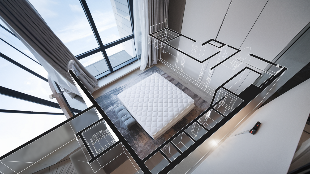Bedroom floor plan showing mattress size to scale with tape measure