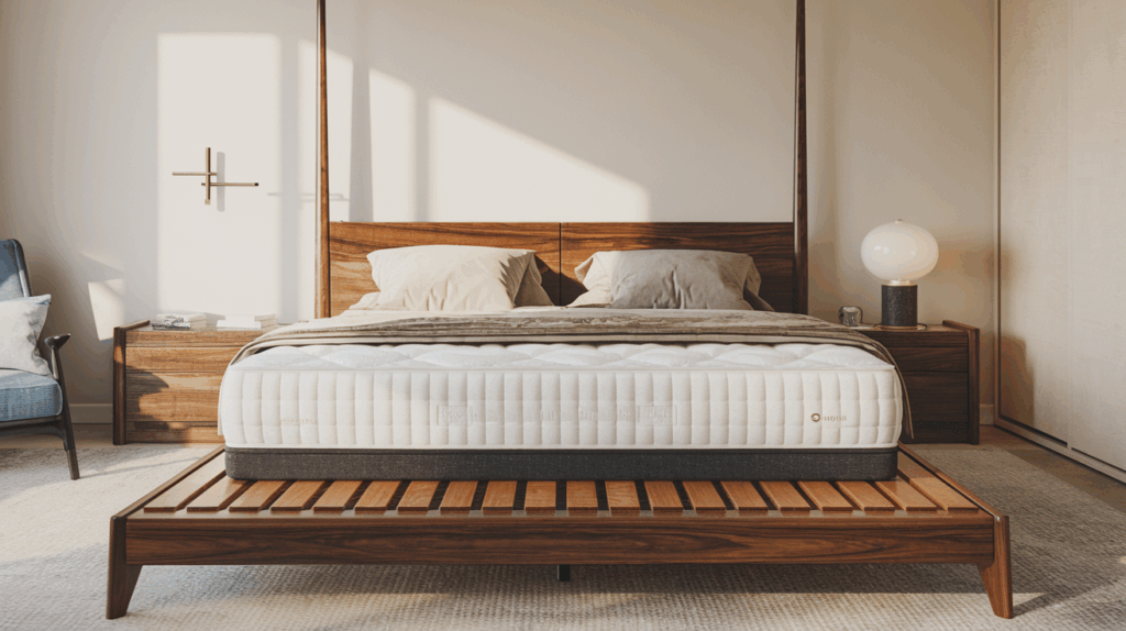 Modern wooden platform bed frame with premium mattress