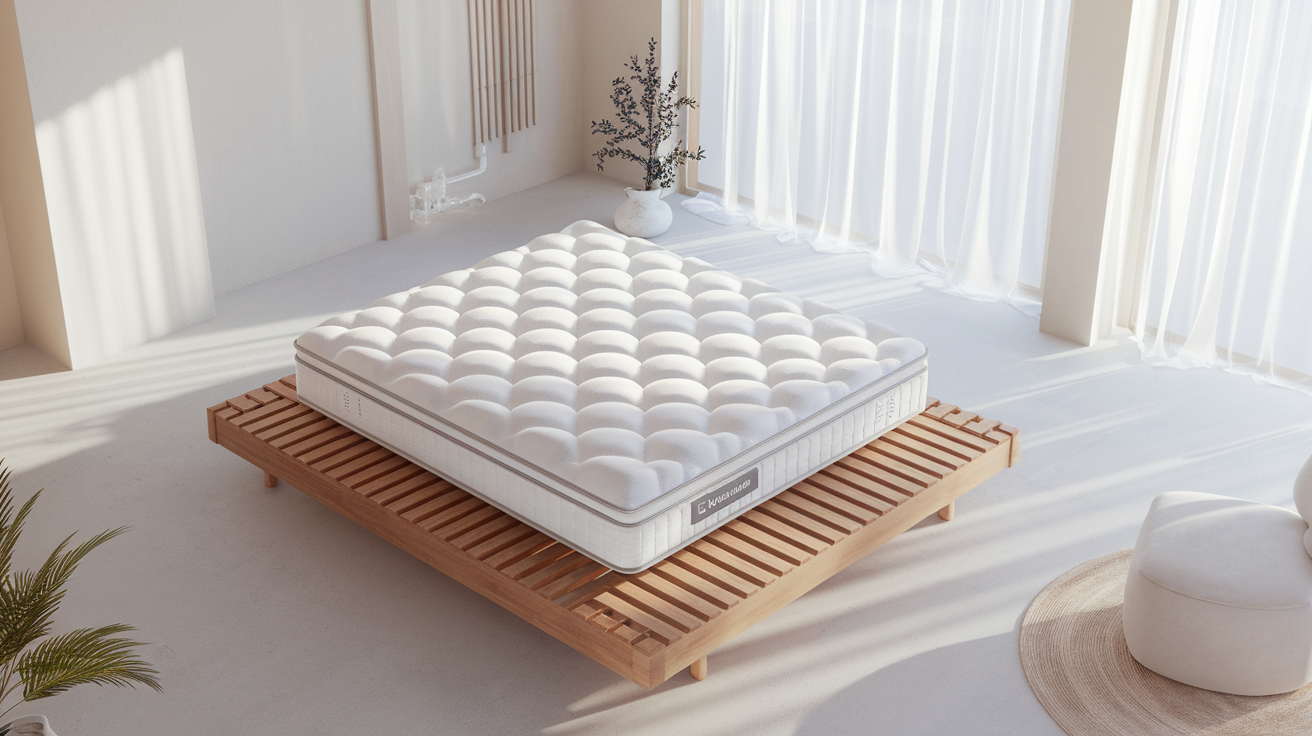 Premium white mattress in a bright minimalist bedroom with morning light