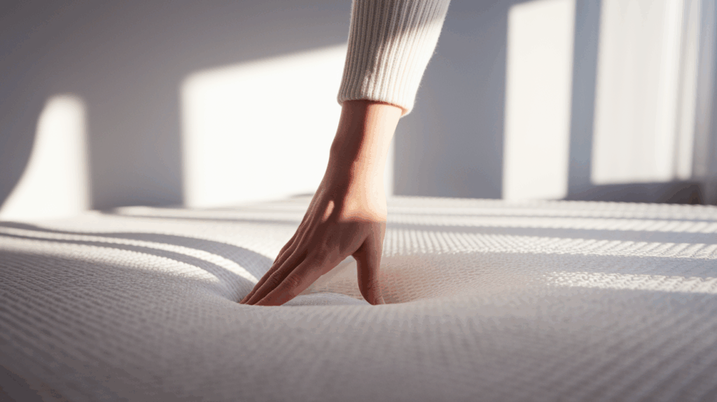 Hand pressing into memory foam mattress showing contouring
