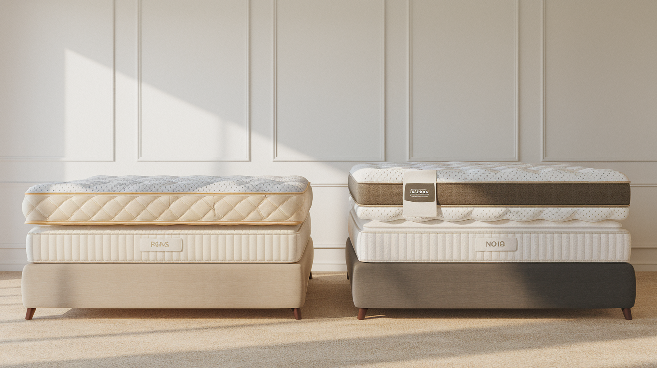 Two mattresses side by side for comparison in a showroom