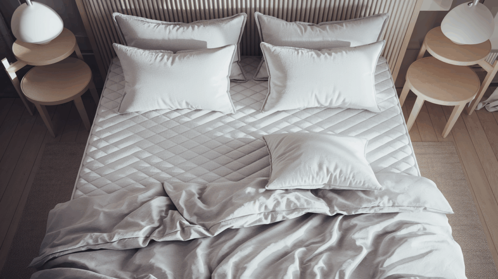 Neatly made bed with premium mattress and white pillows