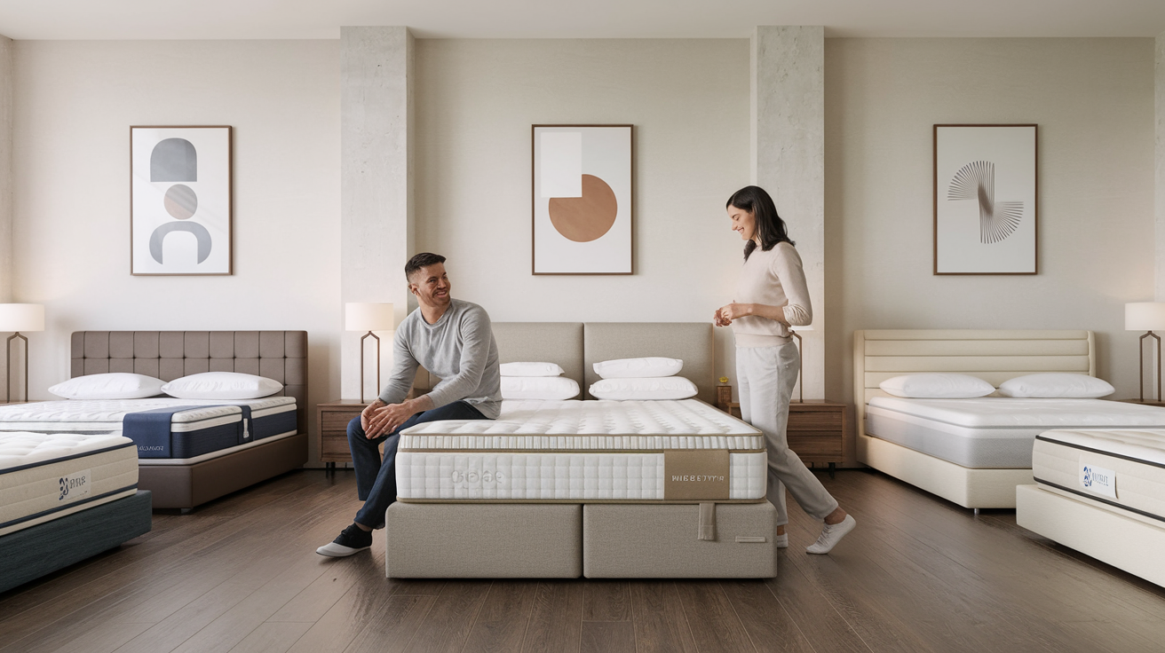 Couple testing a mattress in a modern showroom