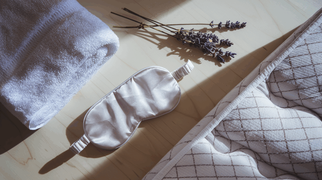 Bedroom essentials flat lay with sleep mask and lavender