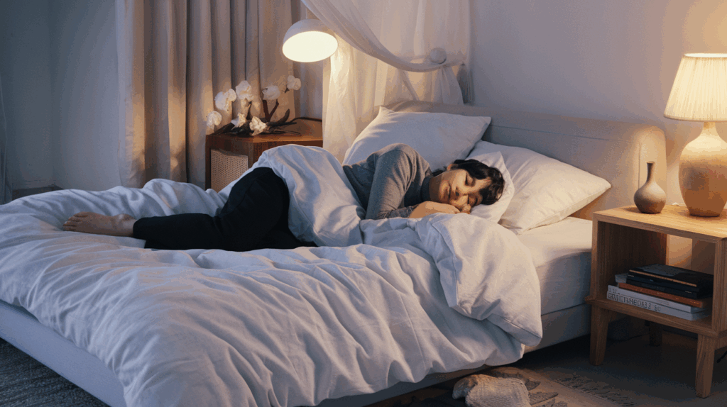 Person sleeping peacefully on their side in a comfortable bed