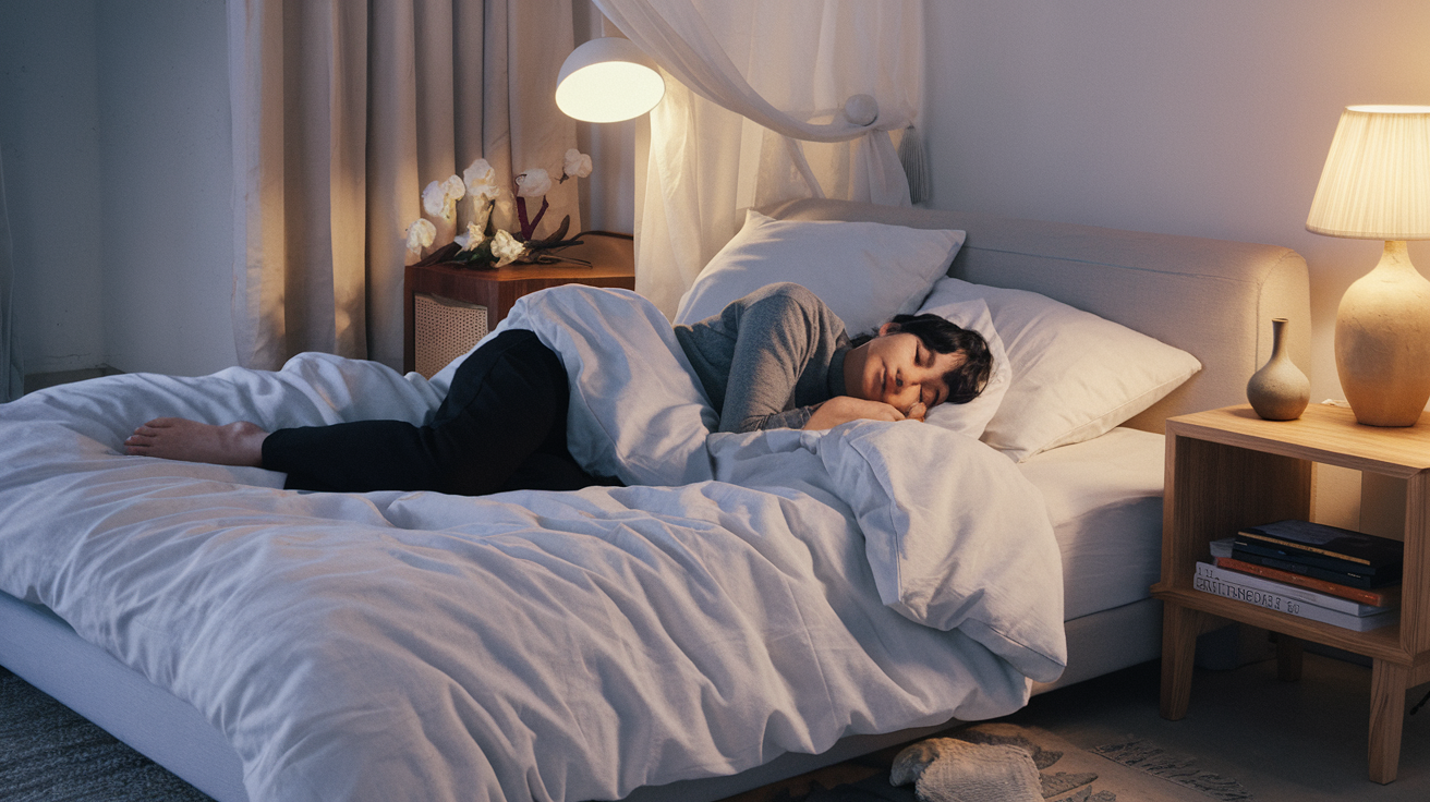 Person sleeping peacefully on their side in a comfortable bed