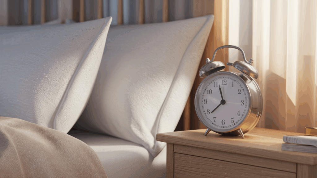 Alarm clock on nightstand next to a comfortable bed at dawn